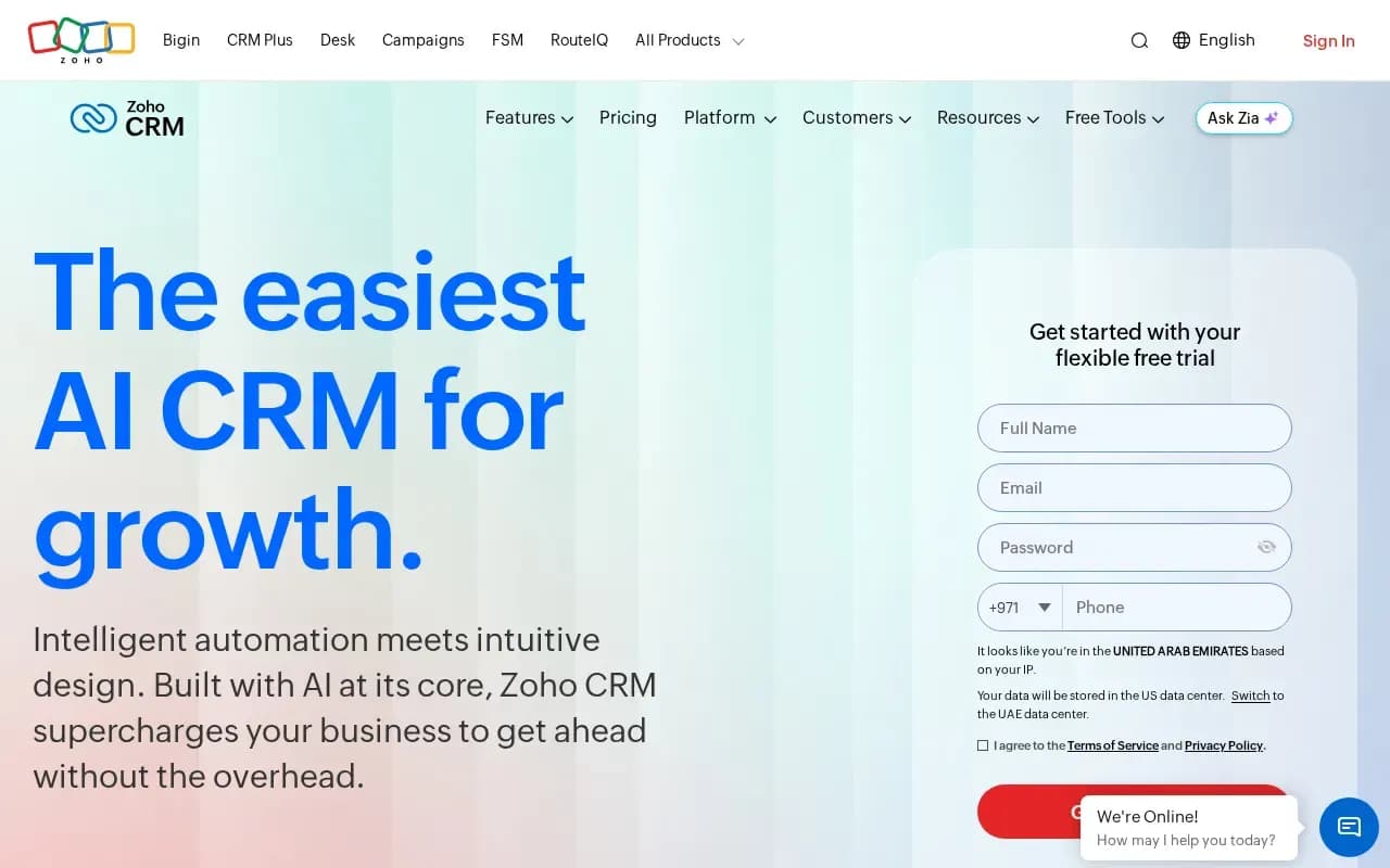 The Zoho CRM website