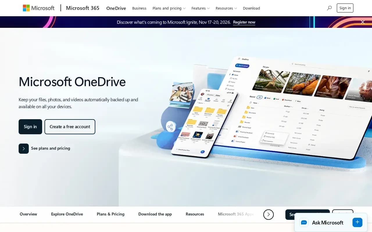 The Microsoft OneDrive website