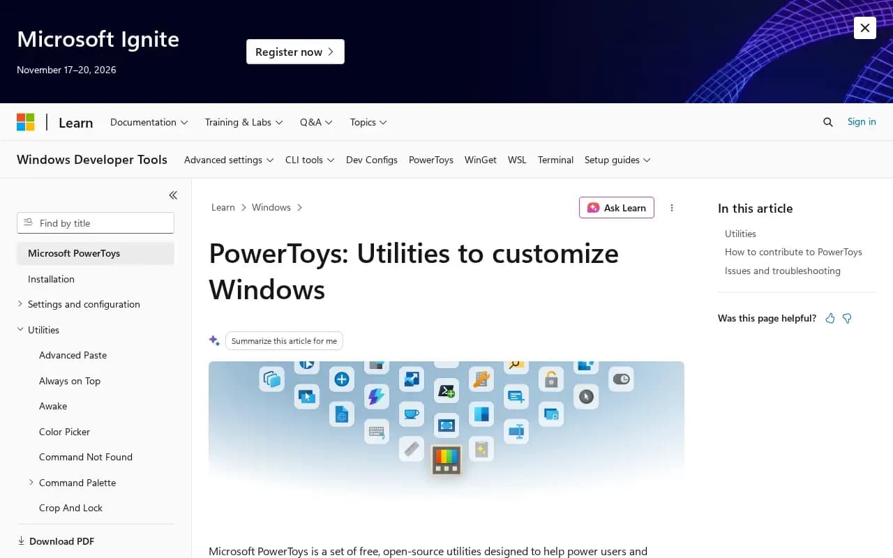 The Microsoft PowerToys website